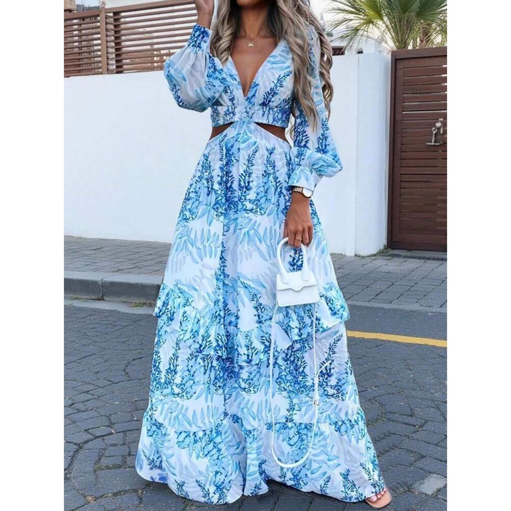 Blue Floral Maxi Dress with V-Neck and Cutout Waist